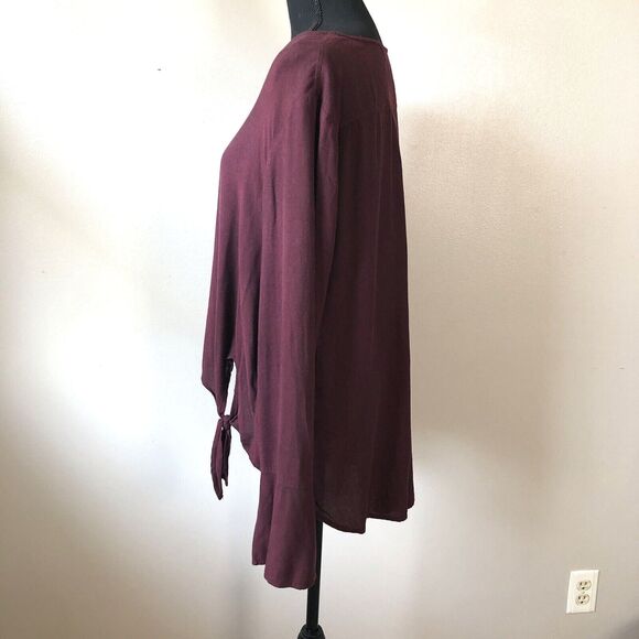 Cloth & Stone Anthropologie Shirt Medium Knot Front Tunic Split Sleeve Burgundy - Picture 6 of 13